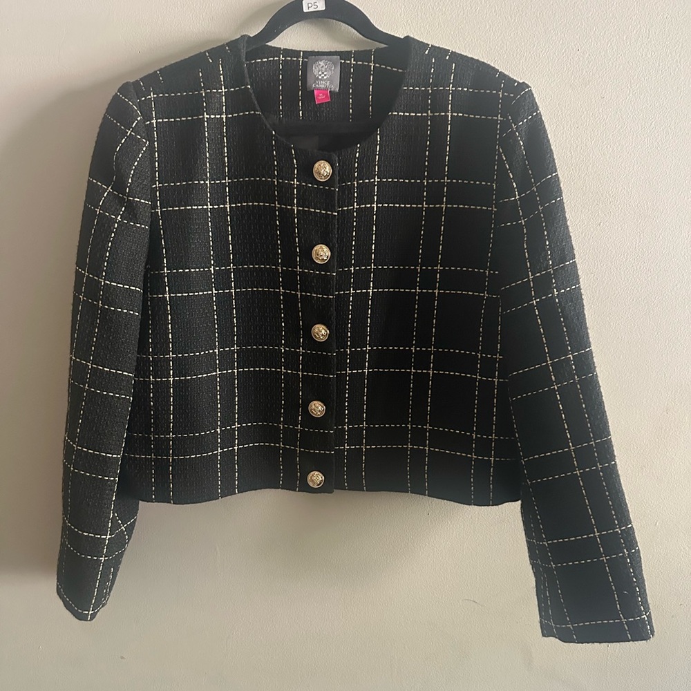 Vince Camuto Black Windowpane Tweed Cropped Jacket with Gold Buttons Size XL